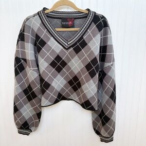 Killstar Gray & Black Nasiv Argyle Knit Top Cropped Sweater Women’s Size XL